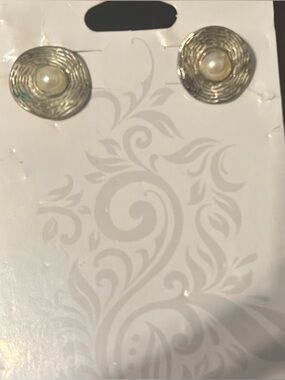 Silver-Tone Round Earrings with Pearl Center